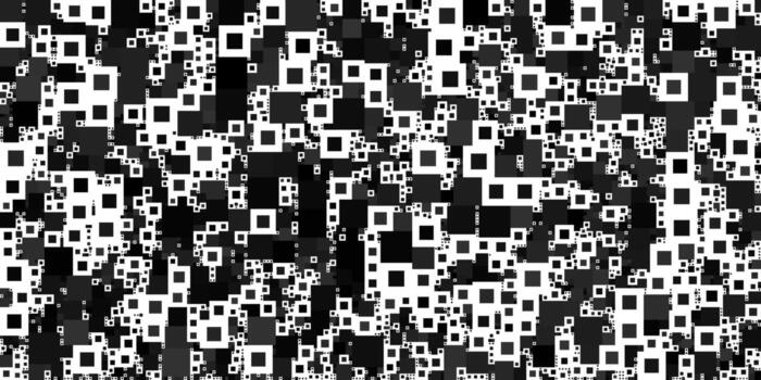 Chaotic pattern composed of many black, white, and gray squares. The varied shapes create an abstract, geometric background with a grid design. vector