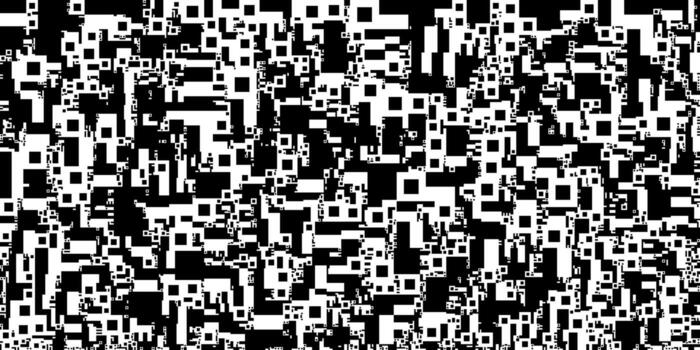 A black and white abstract illustration with a chaotic mosaic of small squares. The background is composed of a glitched pattern with a pixelated appearance. vector