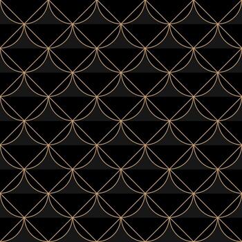 Elegant geometric pattern with a seamless texture. The repeating grid background uses monochrome gold and black shades with circles. vector