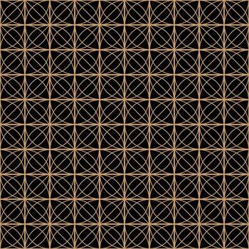 Illustration of an elegant geometric pattern with a seamless texture. The repeating grid background uses monochrome gold and black shades with circles. vector