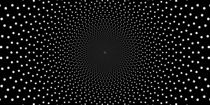Abstract background with geometric dots creating a mesmerizing tunnel effect. The monochrome graphic uses a repeating pattern for a hypnotic optical illusion. vector
