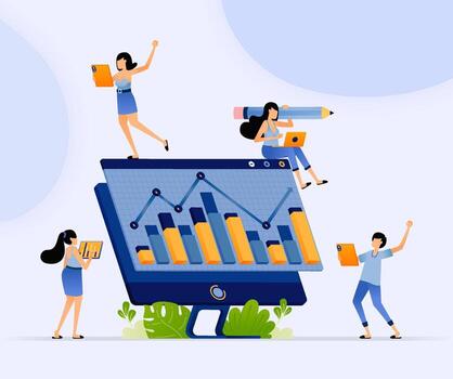 Team analyzing data on computer vector