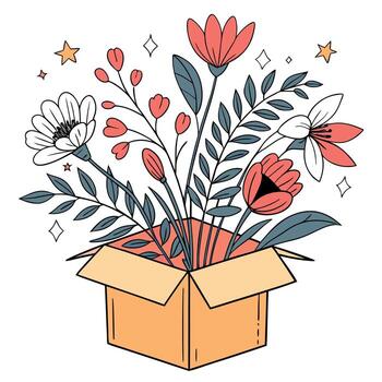 vibrante flores explotando desde un naranja caja en contra un ligero gris antecedentes. vector