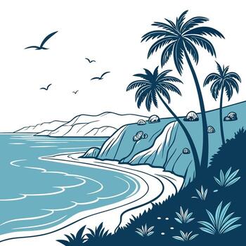 A beautiful blue ocean with palm trees in the background. ai image vector