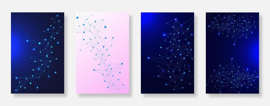 Abstract molecular structure poster background set. Futuristic book cover template design with dots and line connection. Suitable for flyer, banner, and brochures. vector