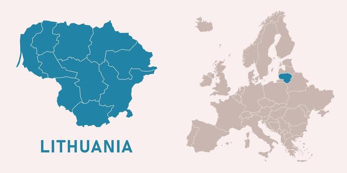 Map of Lithuania with administrative divisions and highlighted position on Europe map. Isolated on white background illustration. vector