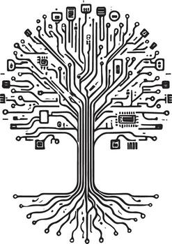 Black and white abstract tree formed from circuit board traces and electronic components technology vector