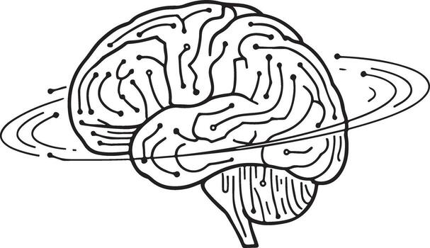 Black and white line drawing of a human brain with circuit board patterns and orbiting lines neurology vector