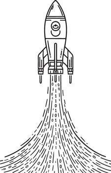 negro y blanco línea Arte cohete lanzamiento con binario código sendero astronave espacio vector