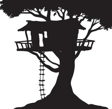 Black silhouette of a treehouse with a rope ladder attached to a large tree black and white vector