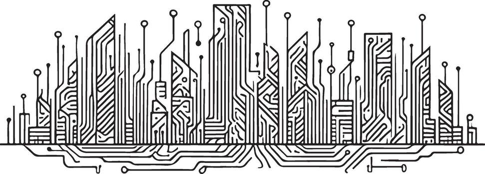 Abstract cityscape formed by black circuit board lines and nodes on white background technology urban vector