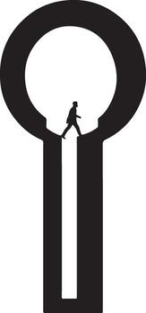 Black silhouette of a person walking across a narrow bridge connecting two vertical pillars within a circular frame vector