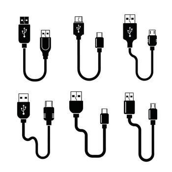 Collection of Stylish Black USB Cable Icons A Simple, Modern Set for Design Projects, Showing Various Connectors and Sizes vector