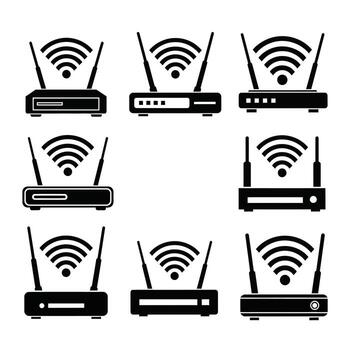 Nine Stylish Black Wireless Router Icons Broadcasting a Strong Wifi Signal Against a Clean White Background vector