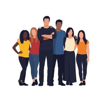 Diverse Group of Happy Friends Standing Together, Showing Unity and Camaraderie in a Friendly Pose Against a White Background vector