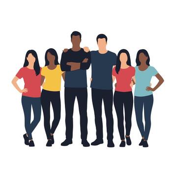 Diverse Group of Smiling Friends Posing Together, Showing Unity and Camaraderie in a Friendly Setting vector