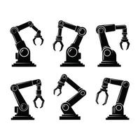 Six Industrial Robotic Arms in Various Positions A Collection of Sleek, Black Silhouette Icons for Automation and Manufacturing vector
