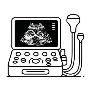 Ultrasound Machine Displaying Fetal Image A Clean Line Art Illustration of a Portable Medical Device Showing a Babys Sonogram in a Modern, Minimalist Style. vector