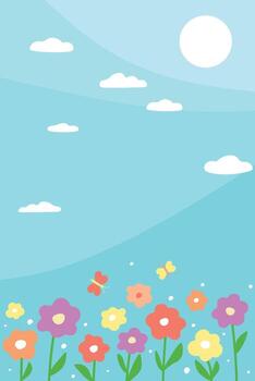Summer vertical background with sky and flowers. flat graphics. vector