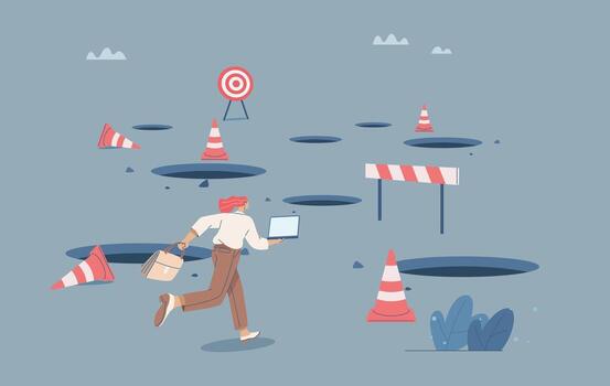 Ways to avoid traps, Businesswoman holding laptop running avoiding many obstacles, Business pitfalls, Business leader problem solving skills and ideas, Flat design illustration. vector