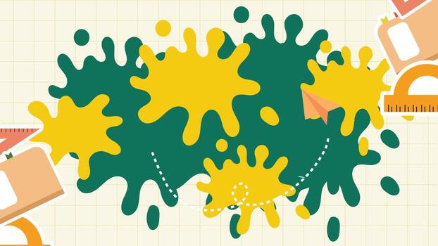 Back to school banner features a background with green and yellow paint splatters, a paper plane, and a dotted line pattern. illustration vector