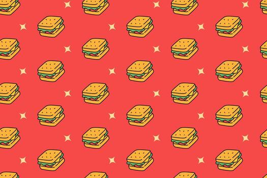 Sandwich with lettuce, cheese, tomato, meat doodle seamless pattern on red background. Square sandwich with star colorful pattern background. Fast food and restaurant packaging and merchandise vector