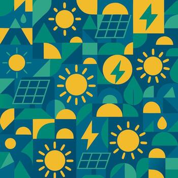 Geometric Pattern with Sun Solar Panel Lightning and Triangle Shapes in Modern Style with Teal and Yellow Colors vector