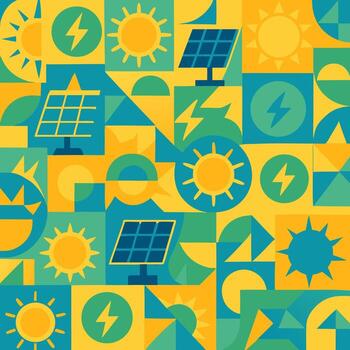 Geometric Pattern with Sun Solar Panel and Lightning Bolt Elements in Teal Yellow and Green Modern Style vector