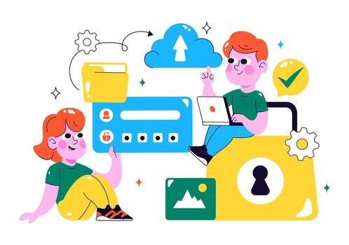 información seguridad ilustración presentando cifrado datos, archivos, y ciber bloquear en dibujos animados estilo vector