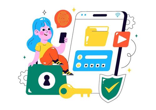 plano dibujos animados de la seguridad cibernética presentando bloquear símbolo, datos privacidad, y documento seguridad vector