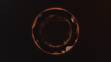 abstrakt glühend golden Kreis Kugel mit dynamisch Partikel fließen und glatt Welle Bewegung auf dunkel Hintergrund. futuristisch Energie Animation im 4k nahtlos Schleife. video