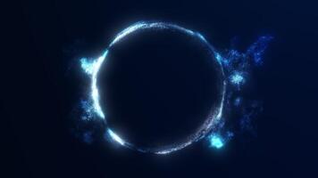 gloeiend blauw digitaal gebied gemaakt van oplossen deeltjes Aan donker achtergrond. futuristische abstract animatie in 4k naadloos lus. video