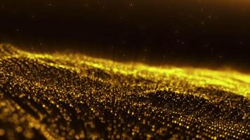 gyllene lysande Vinka av partiklar strömmande i mörk Plats. abstrakt skimrande rörelse bakgrund i 4k animation. video