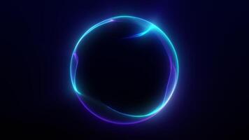 trogen abstrakt lysande sfär med slät blå och lila lutning ljus strömma på mörk bakgrund. sömlös slinga 4k animation. video