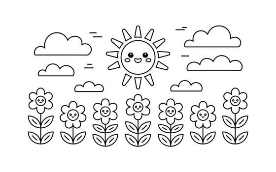 Cute and simple line art drawing featuring a smiling sun, fluffy clouds, and a charming row of smiling flowers for childrens illustrations vector