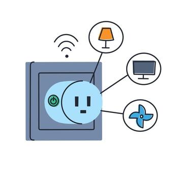 Flat cartoon illustration of smart socket with wifi control for smart home. Smart plug device for remote management of lighting, television, air conditioning, household automation icon vector