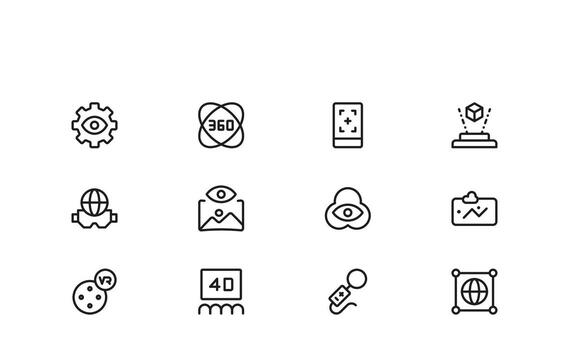 Experience Icons for VR and AR A New Professional Line Icon Set in a Simple Style for Technology, Digital Interfaces, and Augmented and Virtual Reality vector