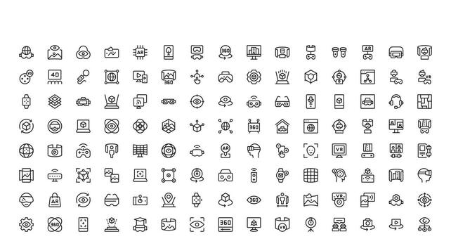 Icons for Experiences in VR and AR A New Set of Expert Line Icons in a Basic Style for Technology, Digital Interfaces, and Augmented and Virtual Reality vector