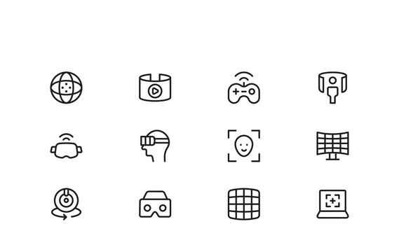 Icons for VR and AR Experiences A New Professional Line Icon Set with a Simple Style for Digital Interfaces, Technology, and Augmented and Virtual Reality vector