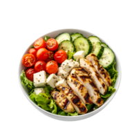 gesund gegrillt Hähnchen Salat mit Grüner Salat Gurke Tomate und Käse Würfel im Weiß Schüssel isoliert auf transparent Hintergrund png