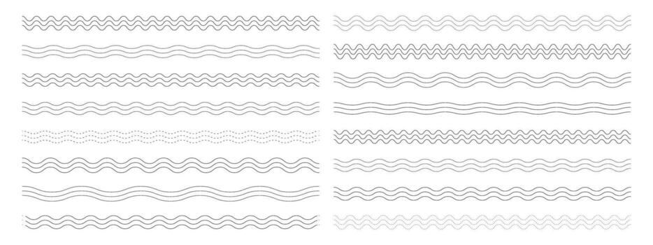 acanalado ola líneas colocar. colección de resumen ondulado y punteado línea fronteras en blanco antecedentes. minimalista decorativo elementos. vector