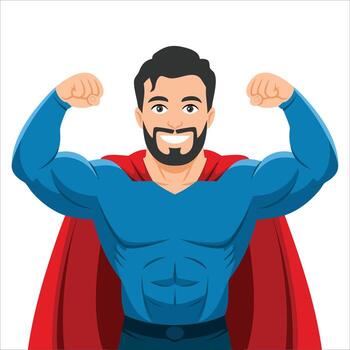 Cartoon style flat of a strong smiling superhero man flexing muscles with a red cape isolated on white background, great for comic and heroic themed projects. vector