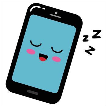 Sleeping mobile phone emoji icon in kawaii style. Cute black smartphone with funny face isolated on white, flat design for tech and web visuals vector