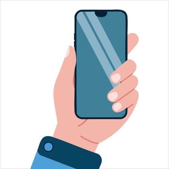 Smartphone in hand mobile phone held by businessman smart digital display device arm gadget template flat illustration perfect for app presentation and technology designs vector