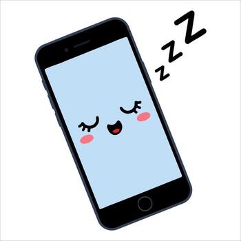 Smartphone character asleep in sleeping mode. Kawaii emoji icon of black mobile phone with cute face, illustration ideal for digital or web usage vector