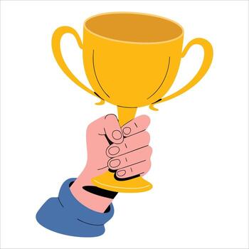 Flat illustration of a hand holding a golden trophy symbolizing success and achievement. Isolated on white background, perfect for award and recognition themes. vector