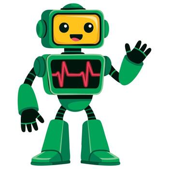 Flat illustration of funny green robot isolated on white. Suitable for technology, web, game projects, and playful digital designs. vector