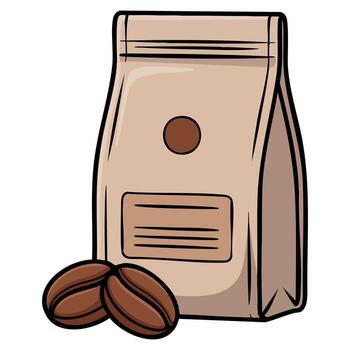 cartoon coffee pack icon on a white background, ideal for web and app design, coffee branding visuals, packaging concepts, and cafe themed projects. vector