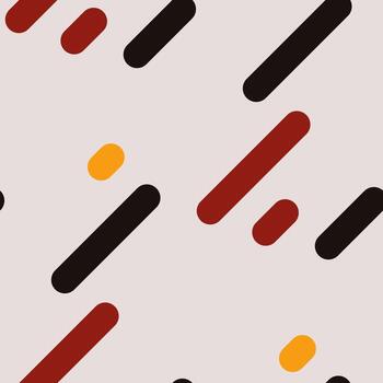 Abstract geometric pattern with diagonal lines and rounded shapes in black, red, and yellow on a light gray background. vector
