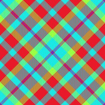 Vibrant tartan pattern featuring bold red, turquoise, and lime green hues. A classic fabric design with a modern twist, suitable for backgrounds, textures, and creative projects. vector